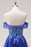 Sparkly Royal Blue Floral A-Line Off The Shoulder Long Prom Dress