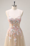 Champagne Floral Spaghetti Straps Corset A-Line Long Prom Dress