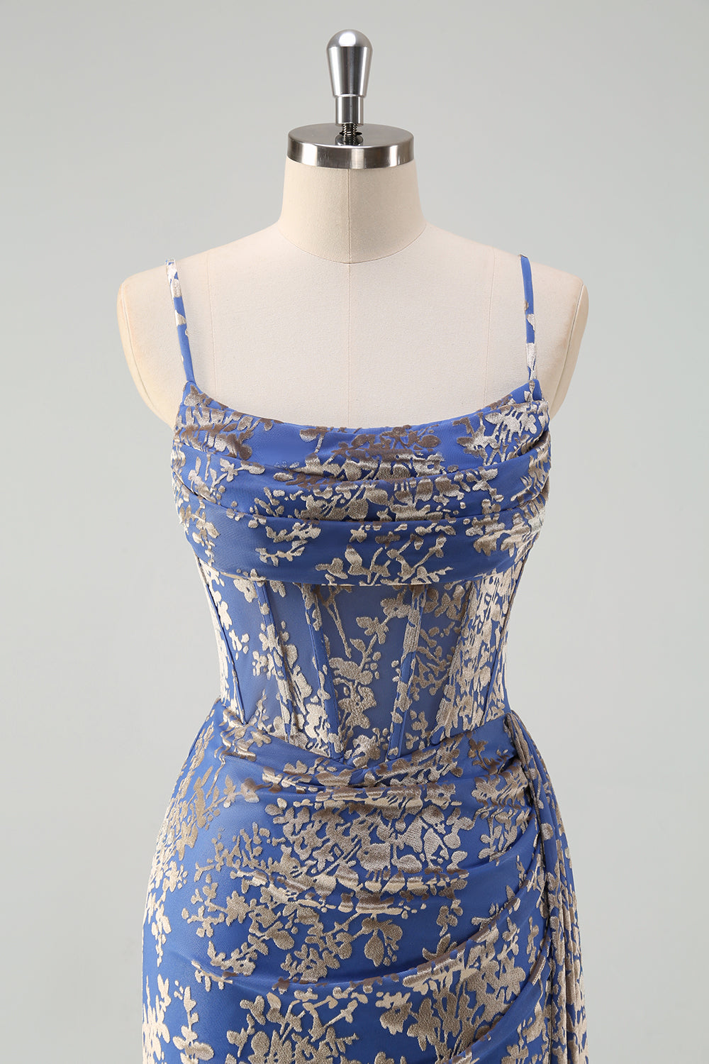 Blue Burnt Out Velvet Spaghetti Straps Sheath Bridesmaid Dress With Slit
