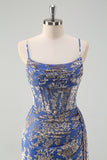 Blue Burnt Out Velvet Spaghetti Straps Sheath Bridesmaid Dress With Slit