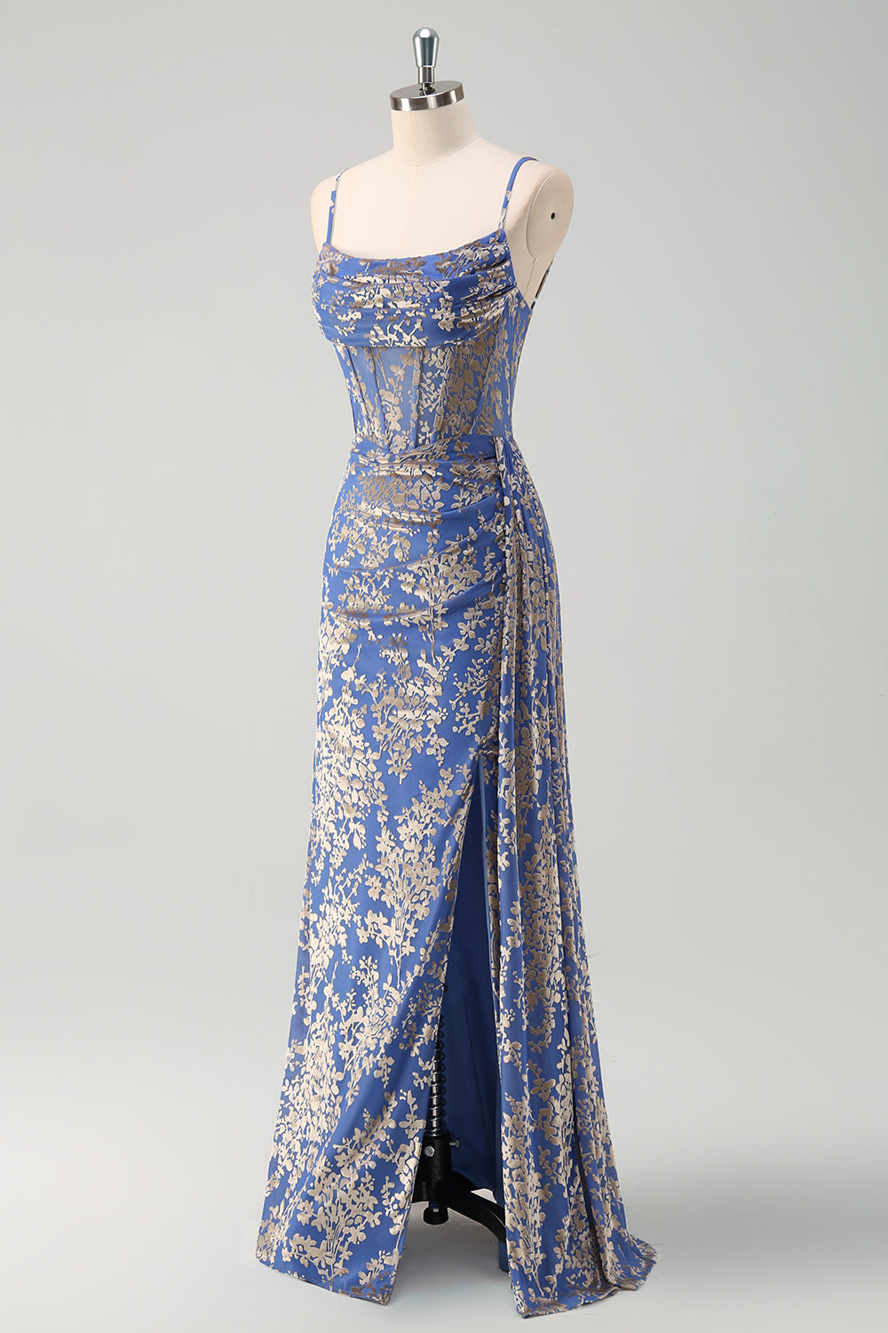 Blue Burnt Out Velvet Spaghetti Straps Sheath Bridesmaid Dress With Slit