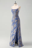 Blue Burnt Out Velvet Spaghetti Straps Sheath Bridesmaid Dress With Slit