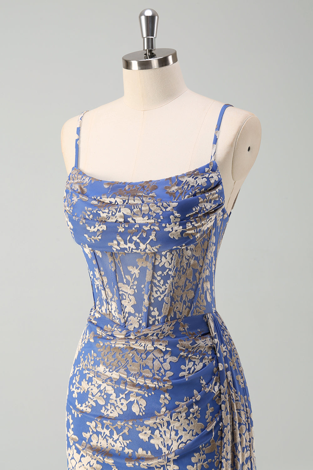 Blue Burnt Out Velvet Spaghetti Straps Sheath Bridesmaid Dress With Slit
