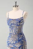 Blue Burnt Out Velvet Spaghetti Straps Sheath Bridesmaid Dress With Slit