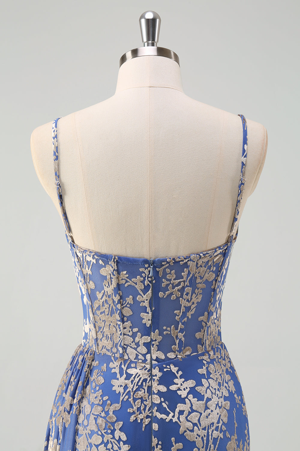Blue Burnt Out Velvet Spaghetti Straps Sheath Bridesmaid Dress With Slit