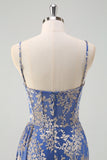 Blue Burnt Out Velvet Spaghetti Straps Sheath Bridesmaid Dress With Slit