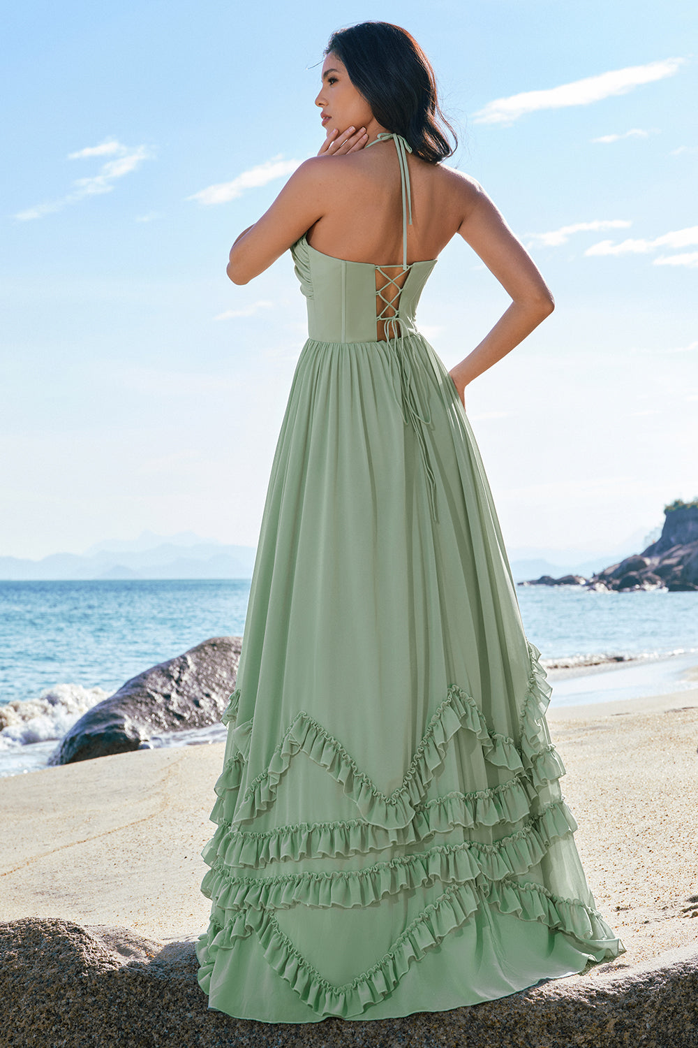 ZAPAKASA Women Dusty Sage Chiffon Bridesmaid Dress with Slit A-Line Halter Corset Ruffled Long Wedding Guest Dress ZAPAKASA Women Dusty Sage Chiffon Bridesmaid Dress with Slit A-Line Halter Corset Ruffled Long Wedding Guest Dress