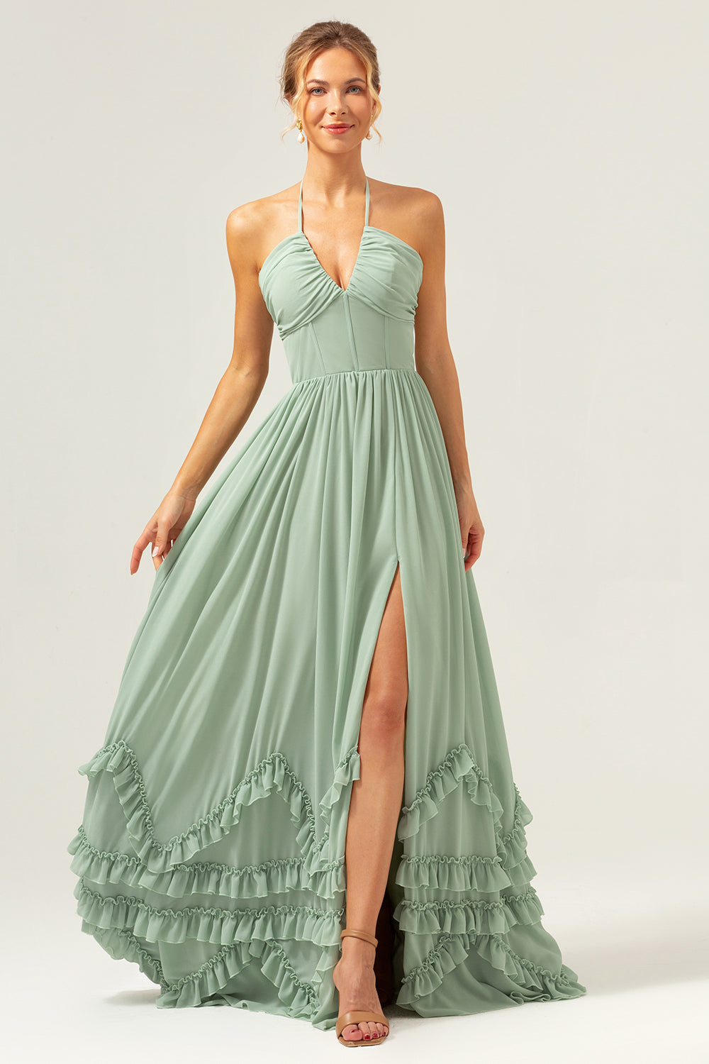 ZAPAKA Women Dusty Sage Bridesmaid Dress with Slit Halter Corset Ruffled Long Wedding Guest Dress, chiffon color / US26W