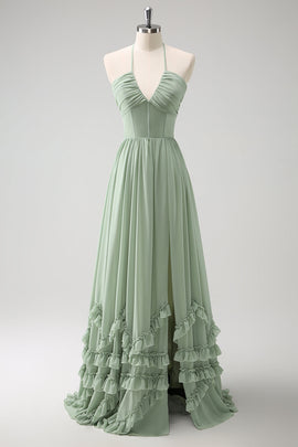 Dusty Sage Halter Ruffled Bridesmaid Dress with Slit
