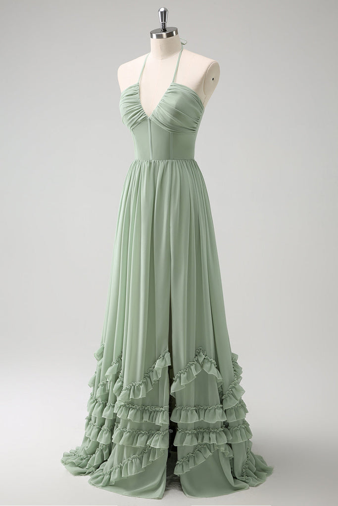 Simple Chiffon Bridesmaid Dress with Slit Dusty Sage main image 0