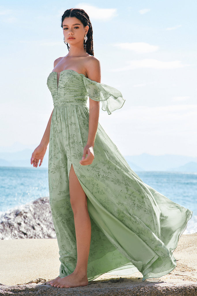 A-line V-neck Lace Dress With Slit Dusty Sage main image 1