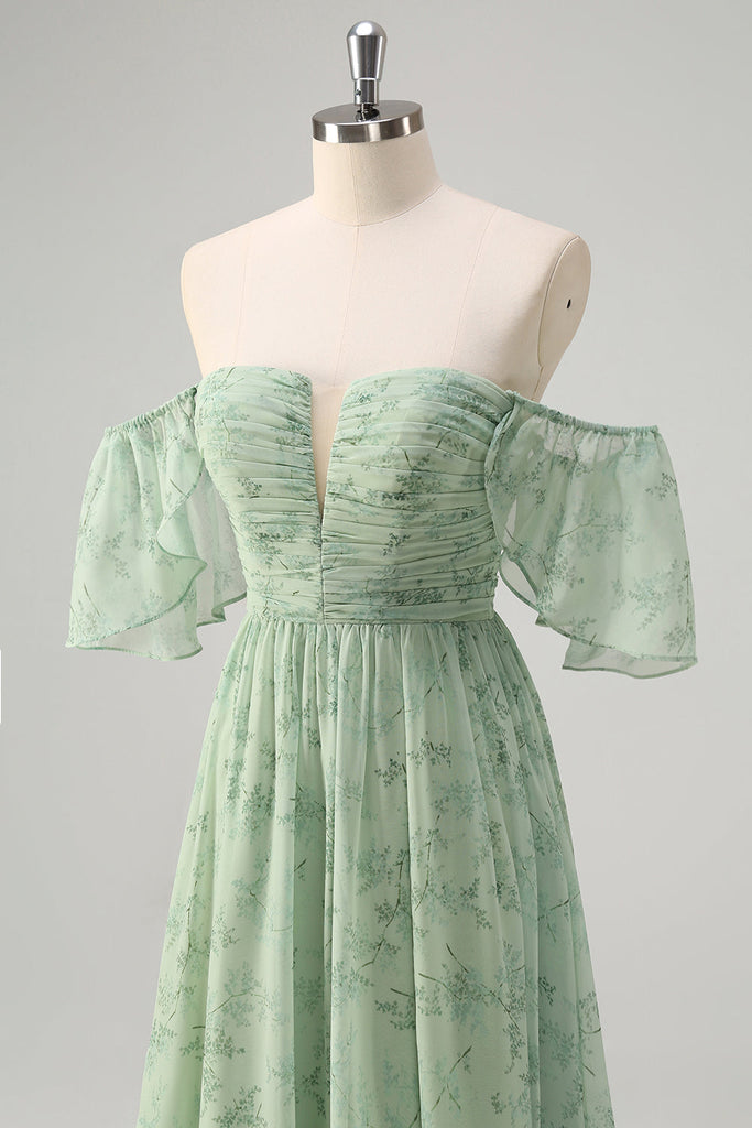 Off Shoulder Backless Satin Dress With Slit Dusty Sage main image 0