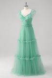 A-Line Green Ruffled Hollow Out Tulle Bridesmaid Dress