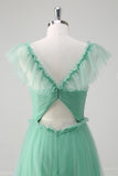 A-Line Green Ruffled Hollow Out Tulle Bridesmaid Dress