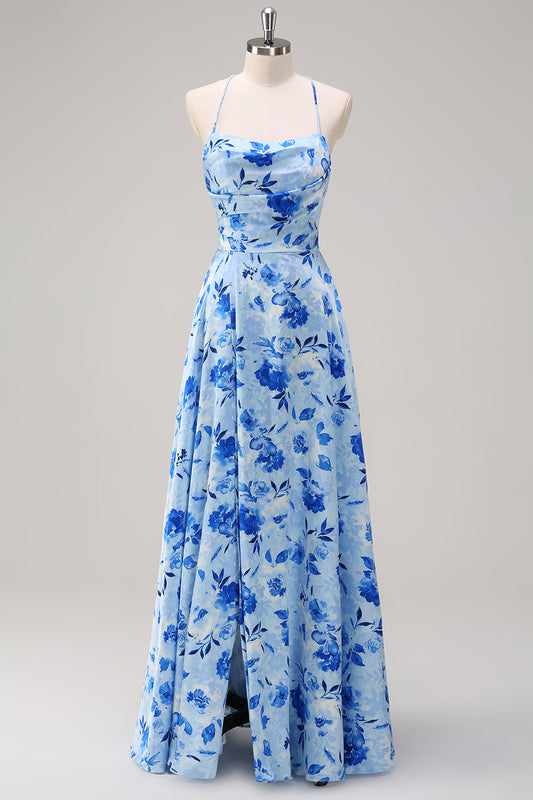 Blue Floral Spaghetti Straps Long Bridesmaid Dress with Slit