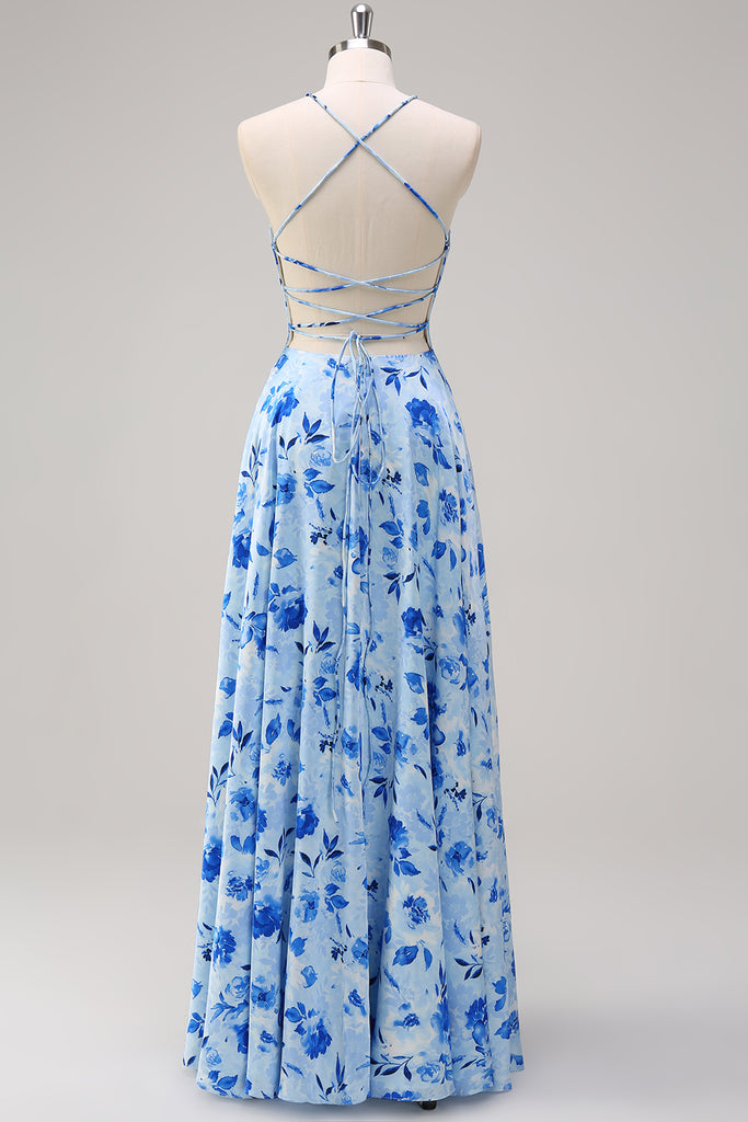Elegant Satin Spaghetti Straps A-line Side Slit Blue Long Bridesmaid Dresses Online, BG637