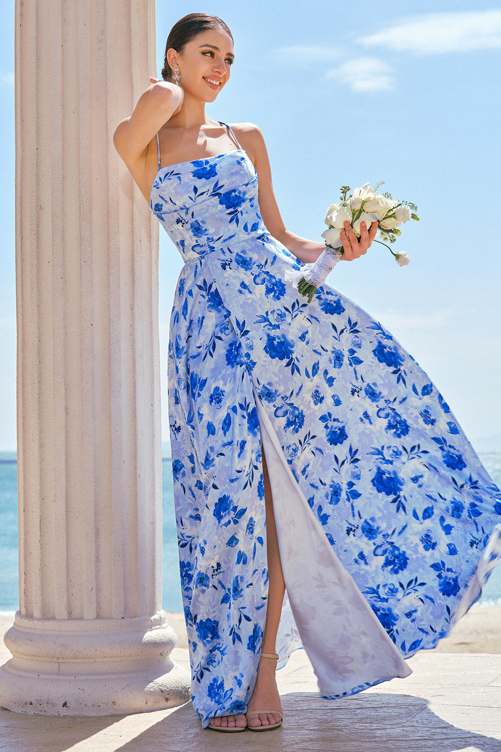 ZAPAKASA Women Blue Floral Spaghetti Straps Long Bridesmaid Dress with Slit Lace-Up Back Wedding Guest Dress ZAPAKASA Women Blue Floral Spaghetti Straps Long Bridesmaid Dress with Slit Lace-Up Back Wedding Guest Dress