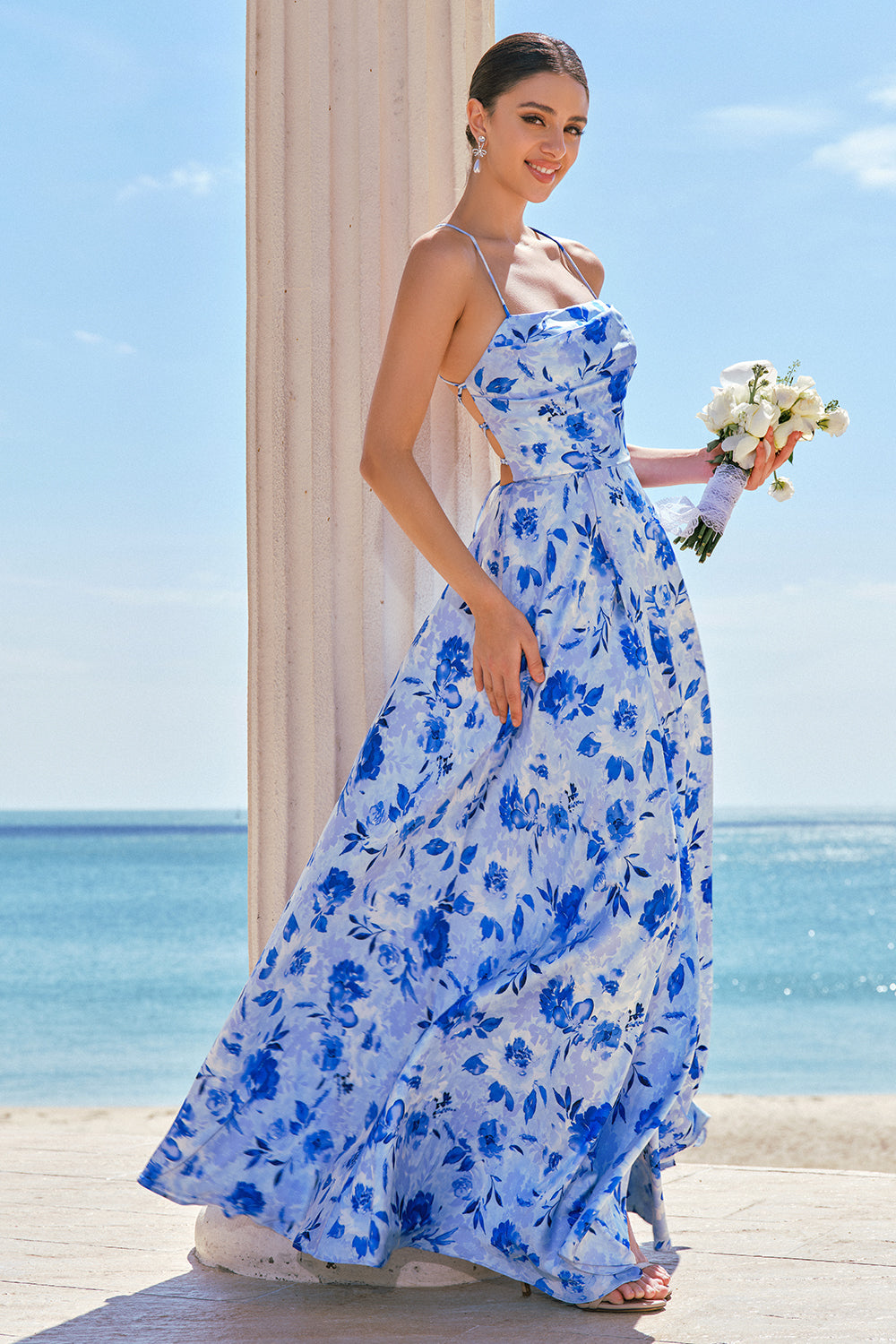 Blue Floral Chiffon Spaghetti Straps Long Bridesmaid Dress with Slit