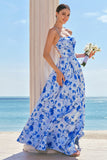 Blue Floral Chiffon Spaghetti Straps Long Bridesmaid Dress with Slit
