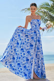 Blue Floral Chiffon Spaghetti Straps Long Bridesmaid Dress with Slit