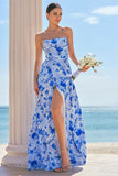 Blue Floral Chiffon Spaghetti Straps Long Bridesmaid Dress with Slit