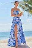Blue Floral Chiffon Spaghetti Straps Long Bridesmaid Dress with Slit