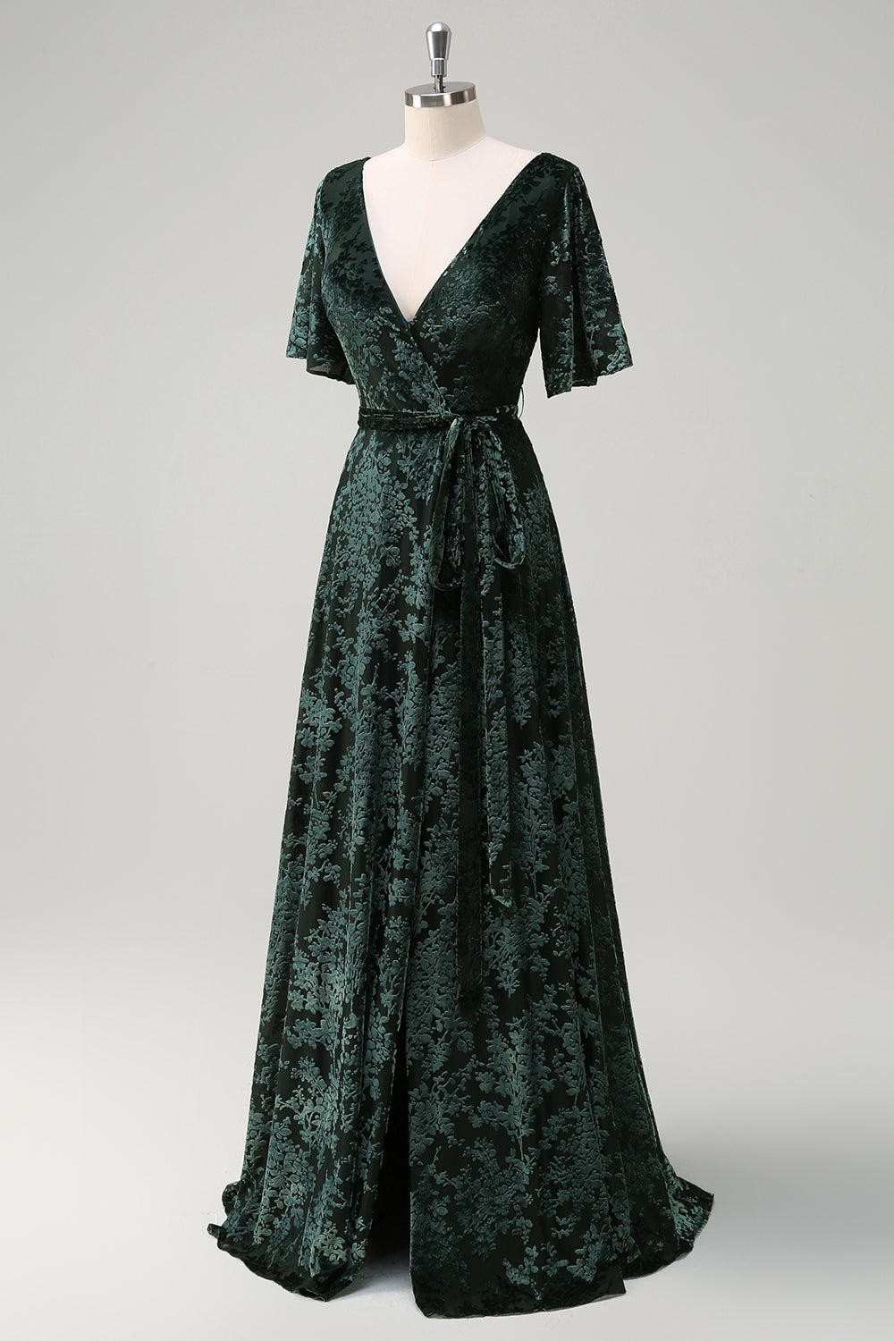 Dark Green Floral V-Neck Embroidered Bridesmaid Dress with Slit