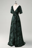 Dark Green Floral V-Neck Embroidered Bridesmaid Dress with Slit
