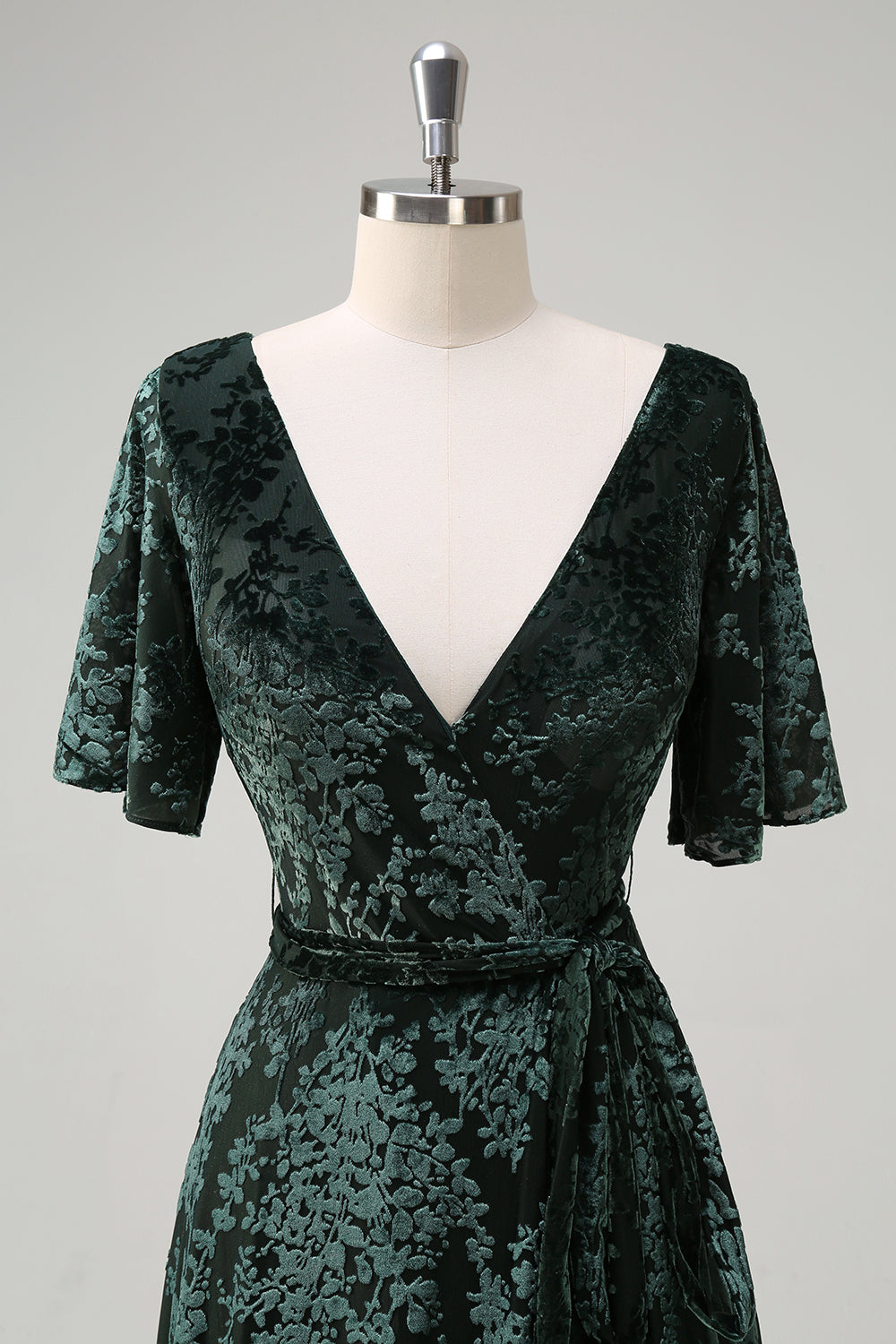 Dark Green Floral V-Neck Embroidered Bridesmaid Dress with Slit