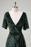 Dark Green Floral V-Neck Embroidered Bridesmaid Dress with Slit