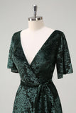 Dark Green Floral V-Neck Embroidered Bridesmaid Dress with Slit