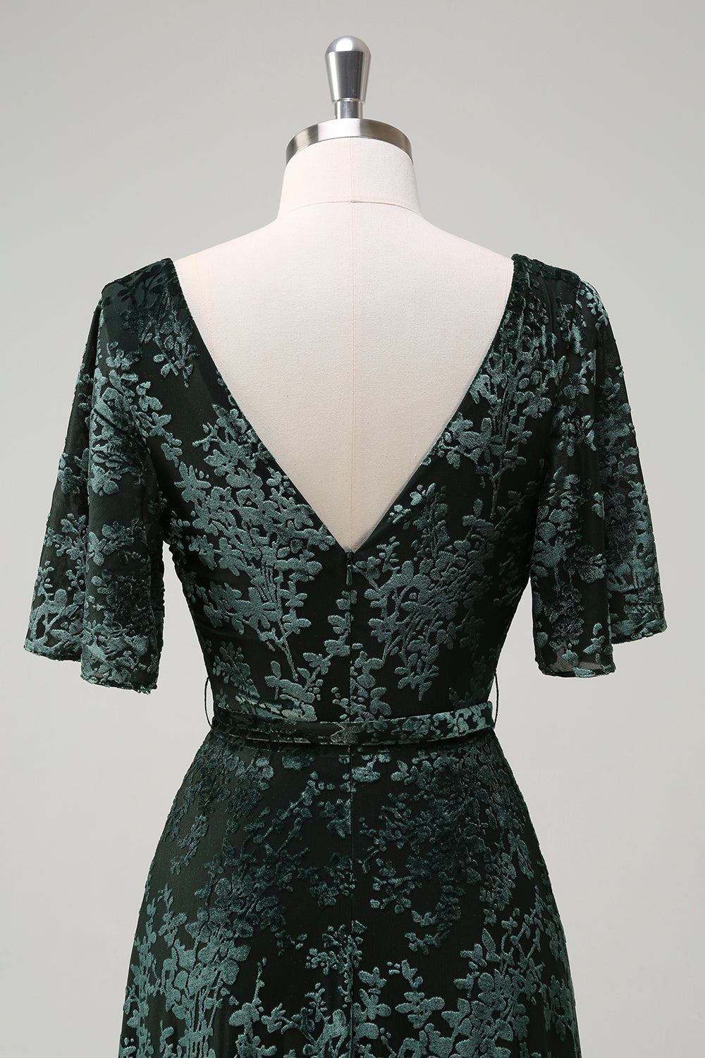 Dark Green Floral V-Neck Embroidered Bridesmaid Dress with Slit