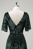 Dark Green Floral V-Neck Embroidered Bridesmaid Dress with Slit