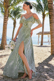 Dusty Sage Cold Shoulder Floral Long Bridesmaid Dress with Slit