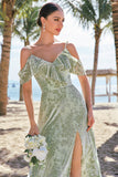 Dusty Sage Cold Shoulder Floral Long Bridesmaid Dress with Slit