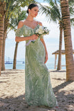 Dusty Sage Cold Shoulder Floral Long Bridesmaid Dress with Slit