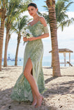 Dusty Sage Cold Shoulder Floral Long Bridesmaid Dress with Slit