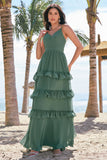 Eucalyptus Spaghetti Straps Long Bridesmaid Dress with Ruffles