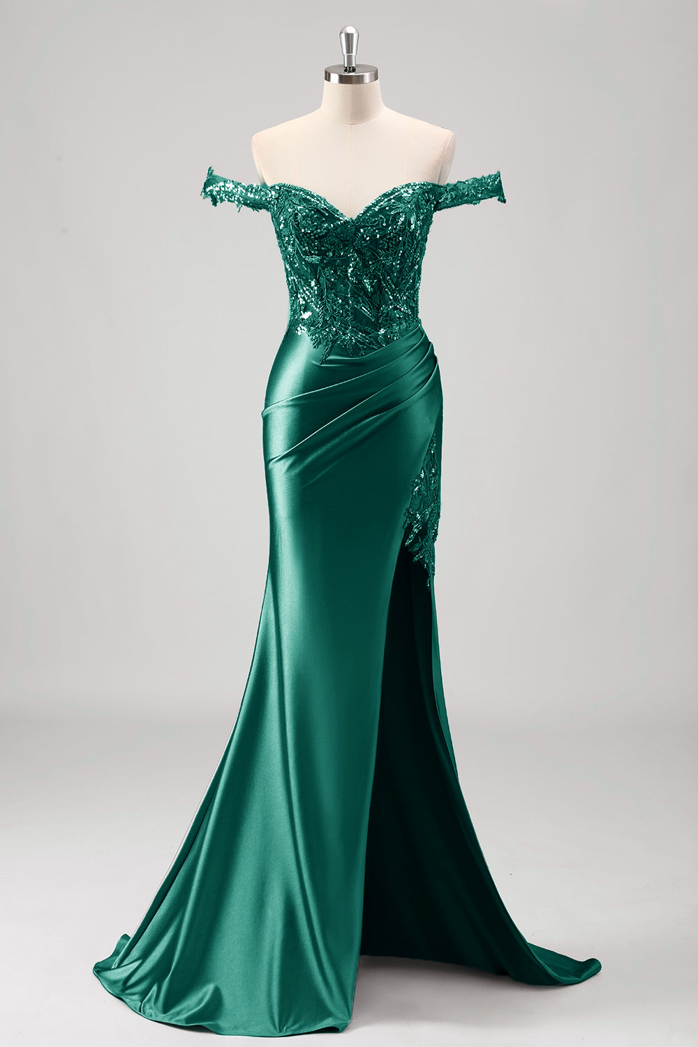 Zapakasa Women Grey Green Mermaid Applique Satin Prom Dress Off The Shoulder Formal Dress with Slit Zapakasa Women Grey Green Mermaid Applique Satin Prom Dress Off The Shoulder Formal Dress with Slit