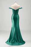 Grey Green Mermaid Applique Off The Shoulder Long Prom Dress with Slit