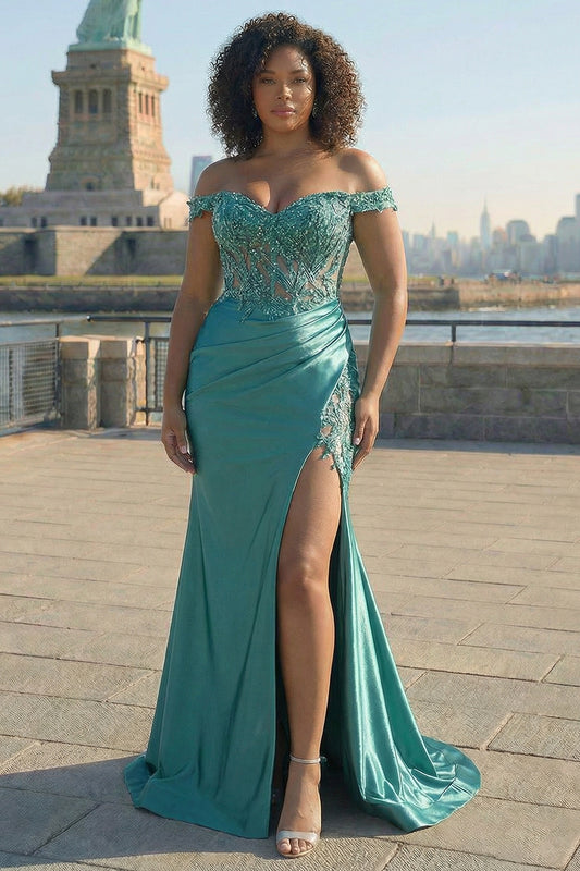 Plus Size Sparkly Grey Green Off The Shoulder Mermaid Long Prom Dress with Slit