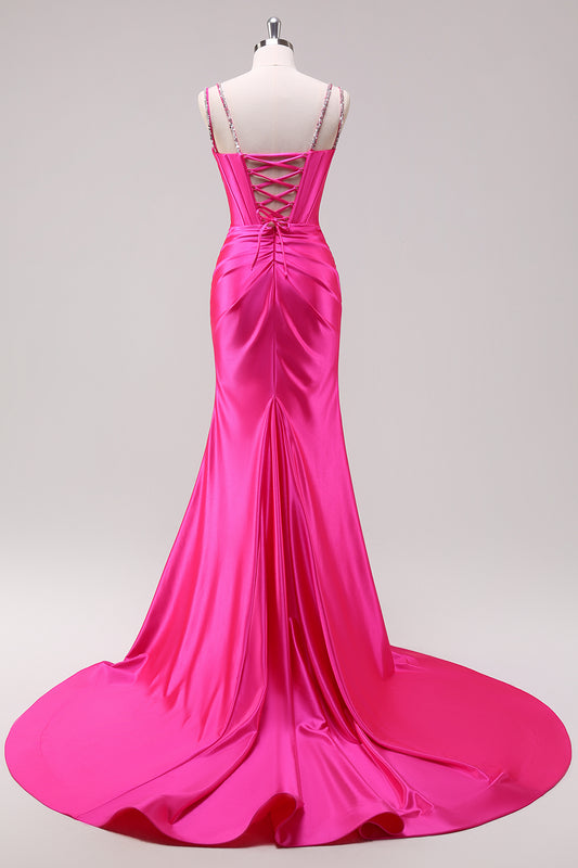 Sparkly Fuchsia Corset Sequined Long Prom Dress with Slit