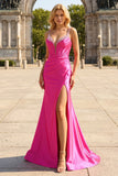 Sparkly Fuchsia Corset Sequined Long Prom Dress with Slit
