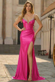 Sparkly Fuchsia Corset Satin Long Prom Dress with Slit