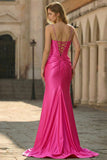 Sparkly Fuchsia Corset Satin Long Prom Dress with Slit