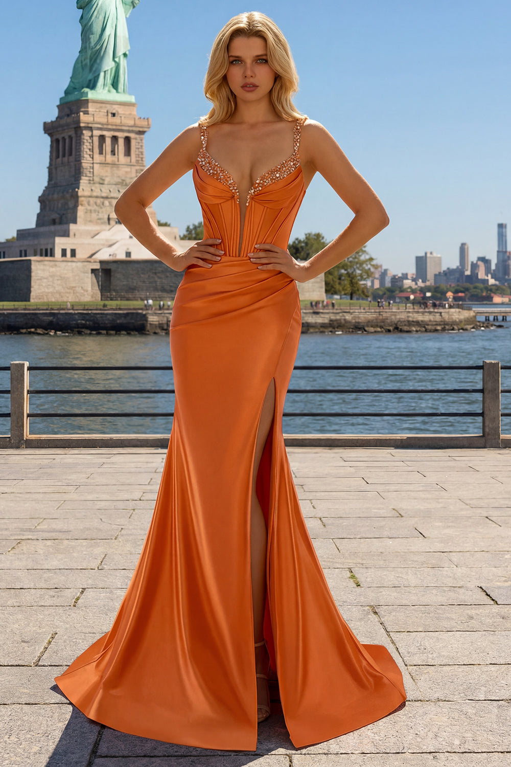 Orange Corset Sequined Long Prom Dress with Slit