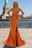 Orange Corset Sequined Long Prom Dress with Slit