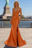 Orange Corset Sequined Long Prom Dress with Slit
