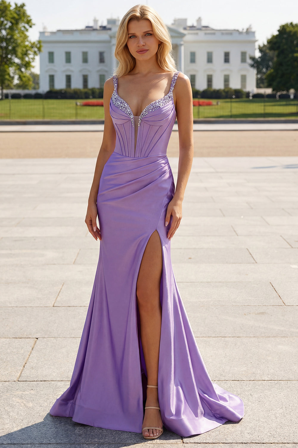 Orange Corset Sequined Long Prom Dress with Slit