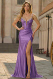 Sparkly Fuchsia Satin Long Corset Prom Dress with Slit